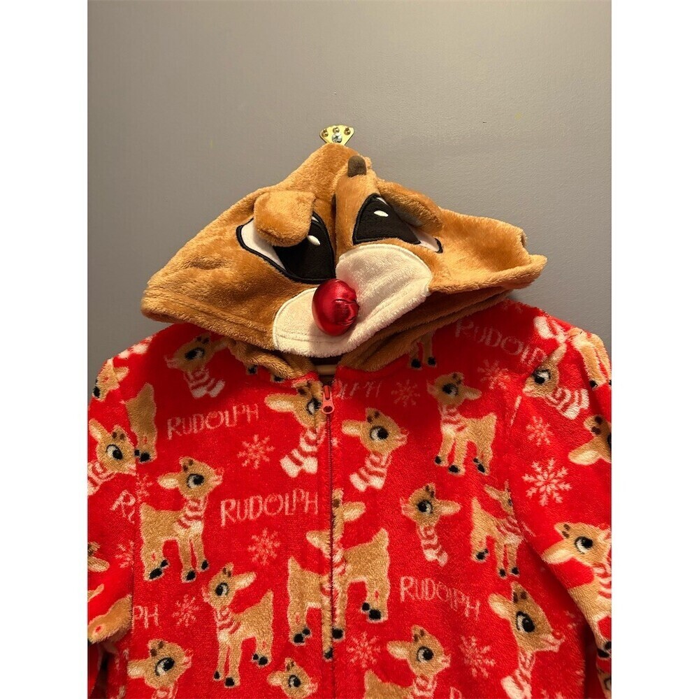 Rudolph Womens Hooded Zip One Piece Pajama Onesie Red Print Size 12-14 - Picture 2 of 11